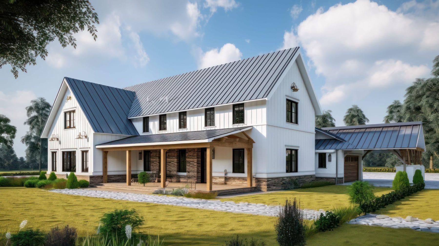 White farmhouse-style barndominium with a metal roof and a covered porch